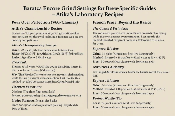 Baratza Encore grind settings guide for multiple brew methods, including Pour Over (22 clicks for V60, 24 clicks for Chemex), French Press, and AeroPress (14 clicks). Features championship-winning recipes by Atika, with precise water temperatures, ratios, and techniques like the 'custard method' and 'slow plunge with downward spin.' Includes tips for sludge prevention and flavor optimization.