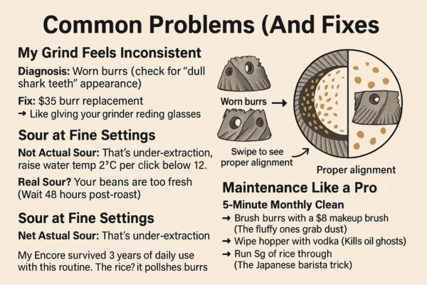 Troubleshooting guide for Baratza Encore coffee grinder, covering common issues like inconsistent grind (worn burrs), sour flavors (under-extraction or fresh beans), and maintenance tips. Includes solutions: burr replacement, temperature adjustments, and pro cleaning techniques like using rice to polish burrs and vodka for oil removal.