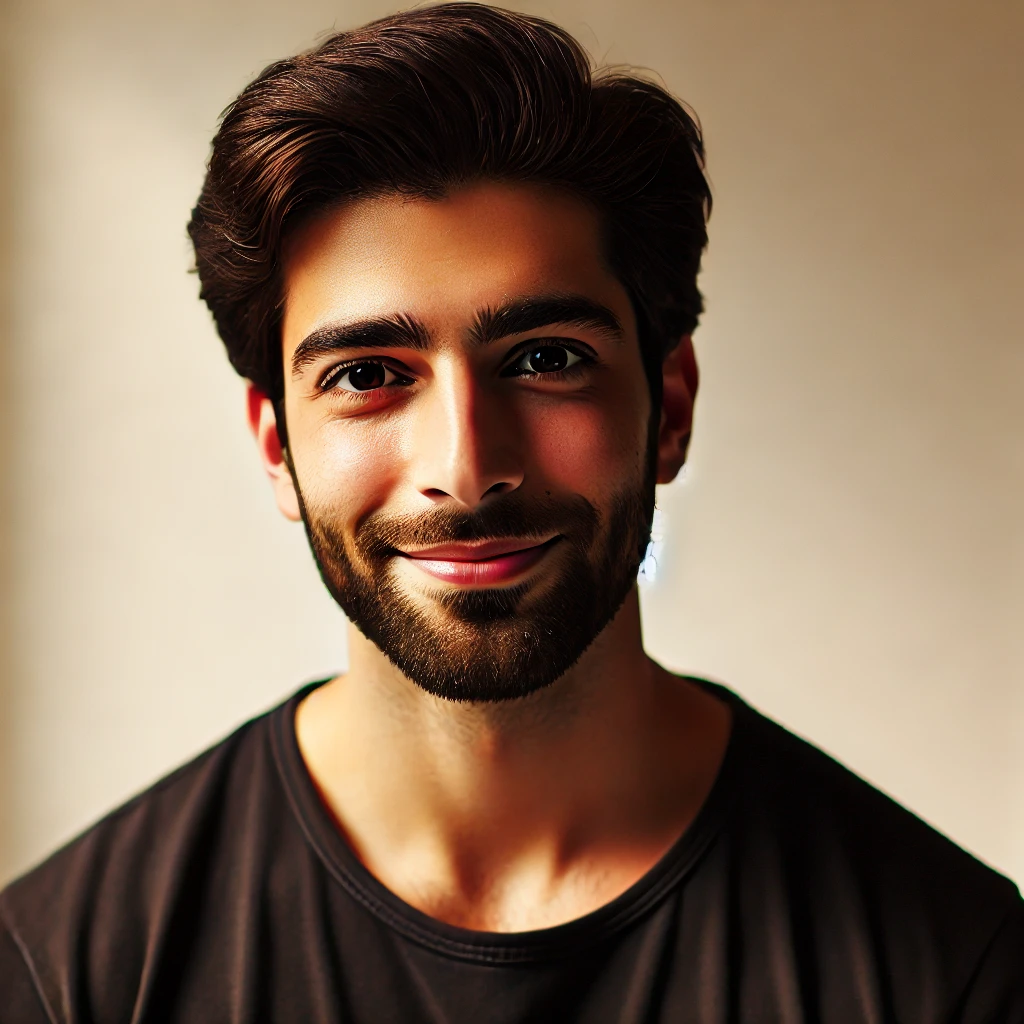 DALL·E 2025 04 30 02.47.46 A front facing portrait of a friendly Pakistani man in his 30s with a short beard wearing a casual black t shirt. The background is simple and white