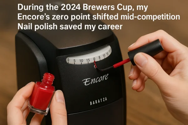 Q-Grader Atika Razzaq's Baratza Encore grinder at the 2024 Brewers Cup, showing nail polish mark used to recalibrate the zero point during competition when the settings shifted unexpectedly.