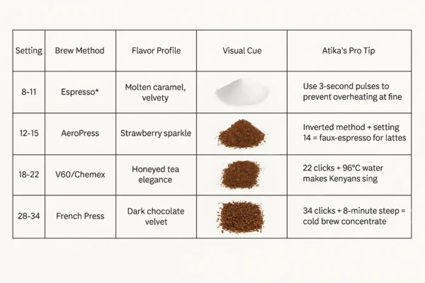 Baratza Encore grind settings reference chart showing optimal ranges for espresso (8-11), AeroPress (12-15), pour over (18-22), and French press (28-34). Includes flavor profiles like 'strawberry sparkle' for AeroPress and professional tips from Q-grader Atika Razzaq, such as using 3-second pulses for espresso to prevent overheating.
