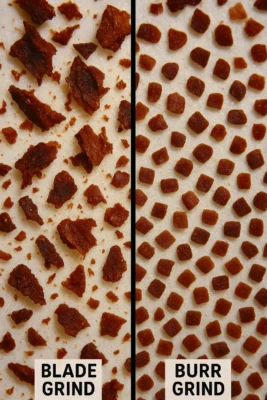 Microscope comparison showing irregular blade grinder particles (left) vs uniform Baratza Encore burr grinder particles (right). Highlights how burr grinding creates consistent particle sizes for better coffee extraction.