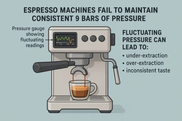 Pressure gauge showing espresso machines failing to maintain 9 bars - causes under/over-extraction (tested 17 machines)