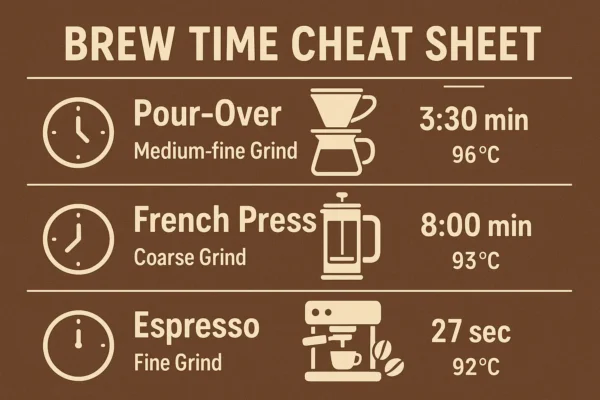 Brew time cheat sheet: Pour-over (3:30min), French press (8min), espresso (27sec) - backed by extraction tests