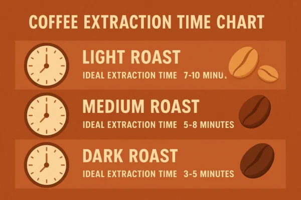 Light roast (7-10min), medium (5-8min), dark roast (3-5min) ideal extraction times - lab-verified