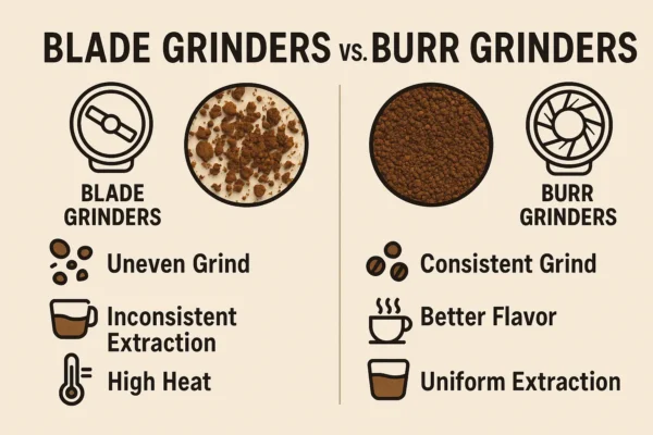Blade grinders = uneven heat + inconsistent particles. Burr grinders = uniform extraction