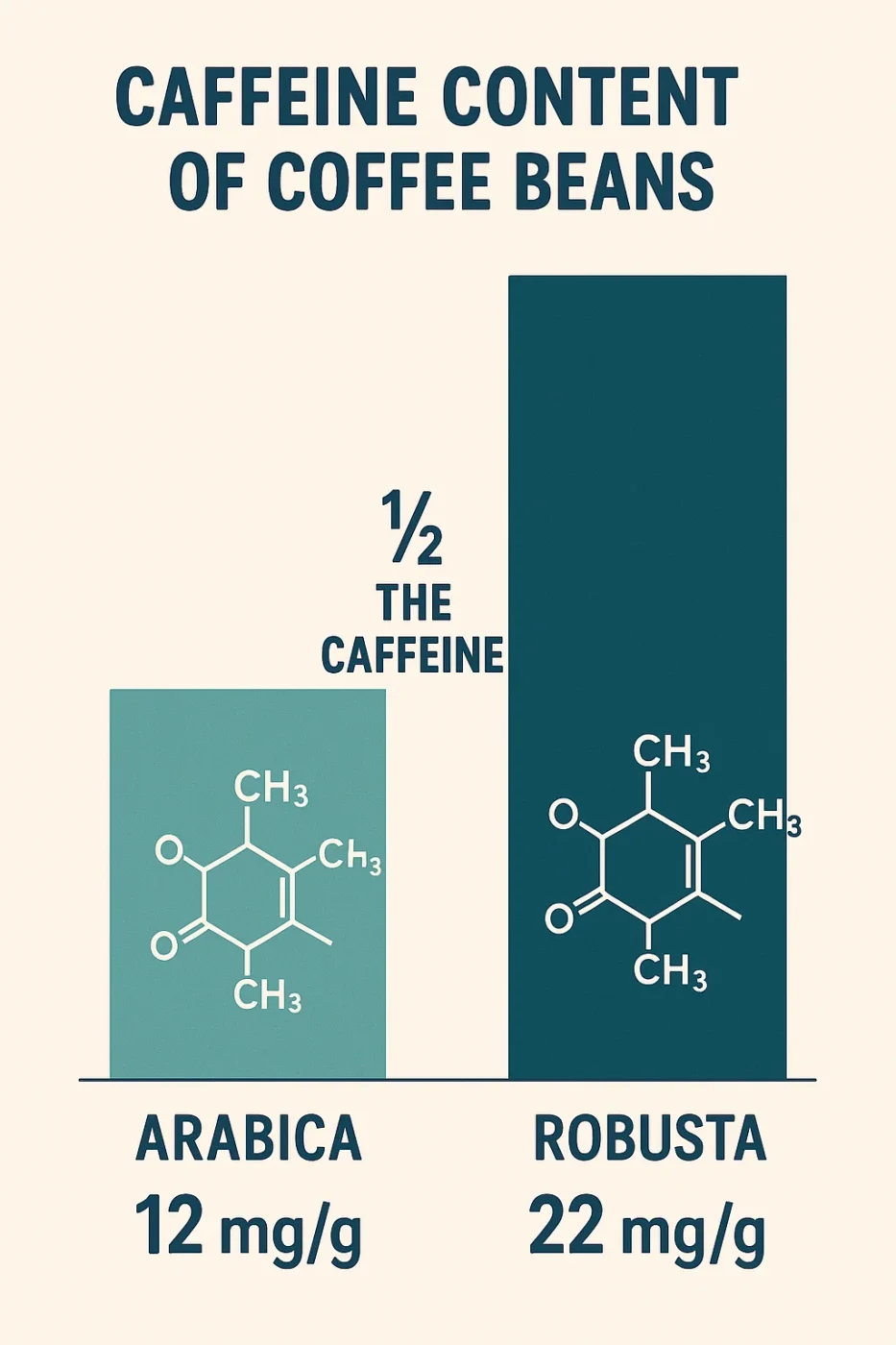 Bar chart comparing caffeine content in Arabica and Robusta coffee beans, showing 12 mg/g for Arabica and 22 mg/g for Robusta.