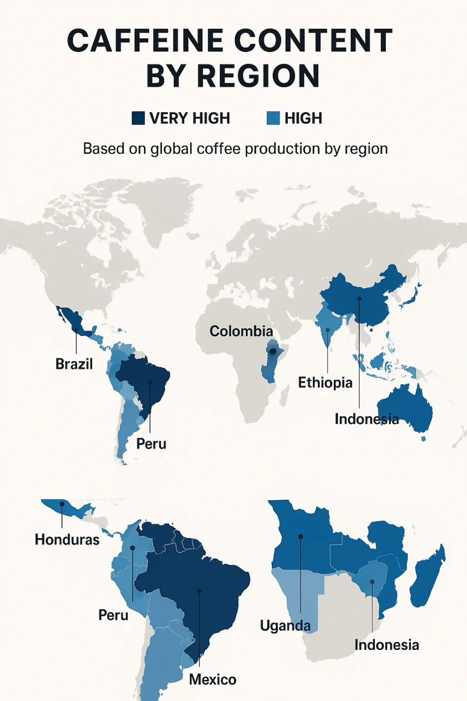 Infographic map showing caffeine content by region in global coffee production, comparing Arabica and Robusta beans from top producing countries.