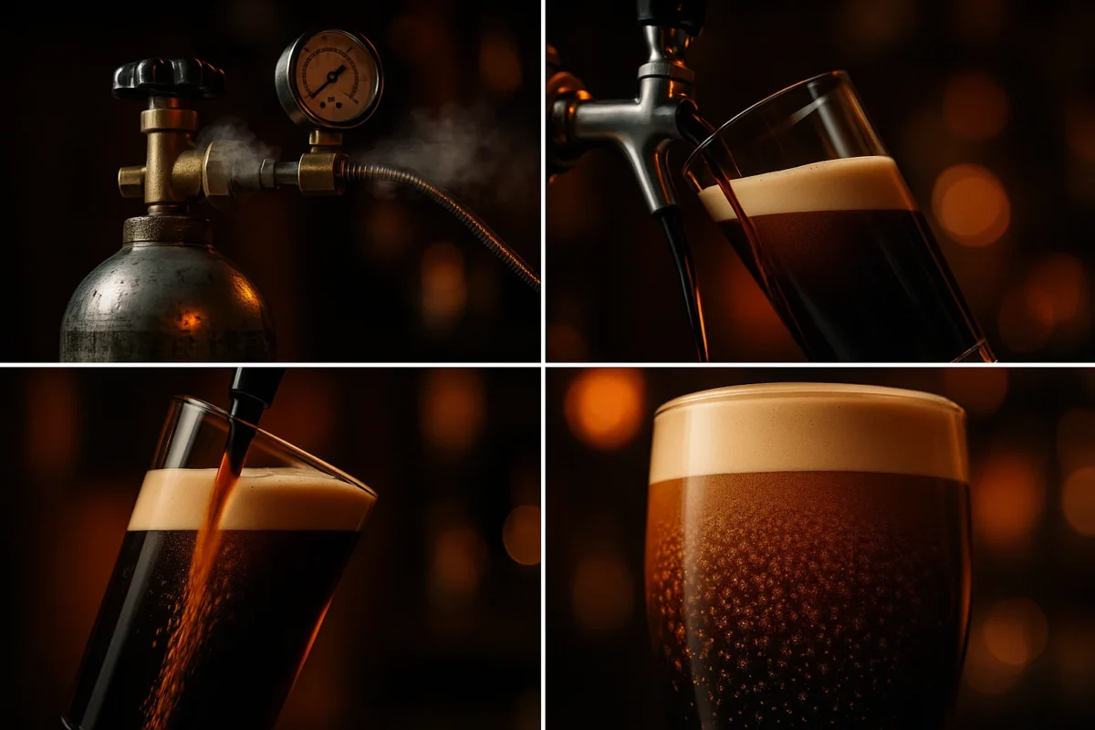 A visually stunning series of images showing the preparation of nitro coffee, with a focus on the gas canister, pouring the dark nitro coffee into a glass, and the mesmerizing cascade of bubbles forming a creamy foam layer on top.