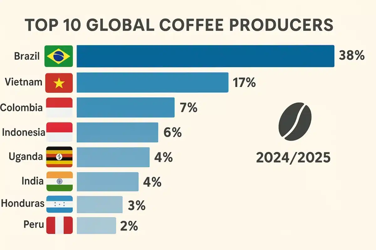 2024-2025 global coffee production chart showing top 10 coffee-producing countries: Brazil leads with 38%, followed by Vietnam (17%), Colombia (7%), Indonesia (6%), Uganda (4%), India (4%), Honduras (3%), and Peru (2%).