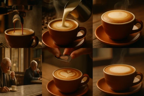 An elegant depiction of cappuccino, where a skilled barista is preparing cappuccinos, highlighting the art of frothing milk to perfection in an urban setting.