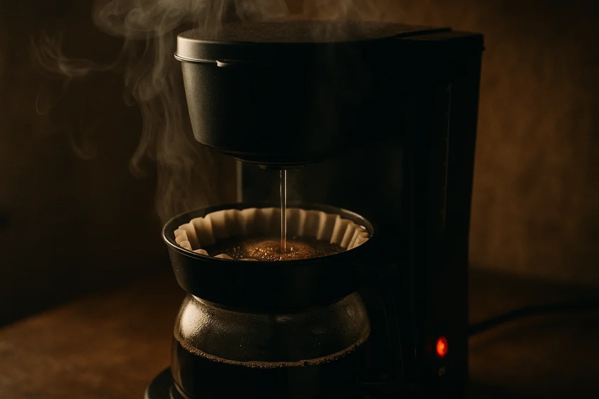 A serene, simple depiction of the drip coffee process, where hot water is poured over coffee grounds slowly, allowing the drip method to extract the rich flavors.