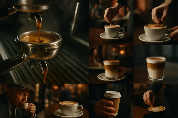 A detailed visual showing the journey of espresso from its roots to its current global popularity, with various espresso-making methods across different countries.