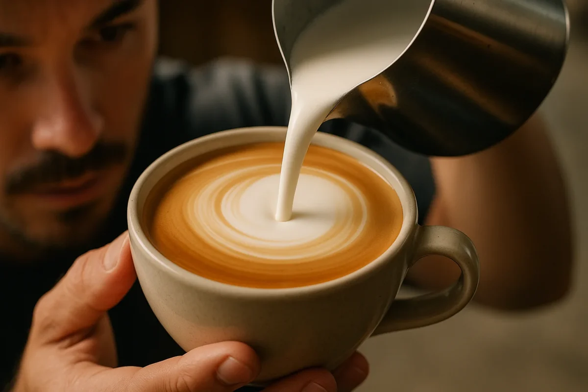 A cozy, comforting image showcasing the making of a flat white, with its silky smooth milk and espresso combined in an aesthetically pleasing manner.