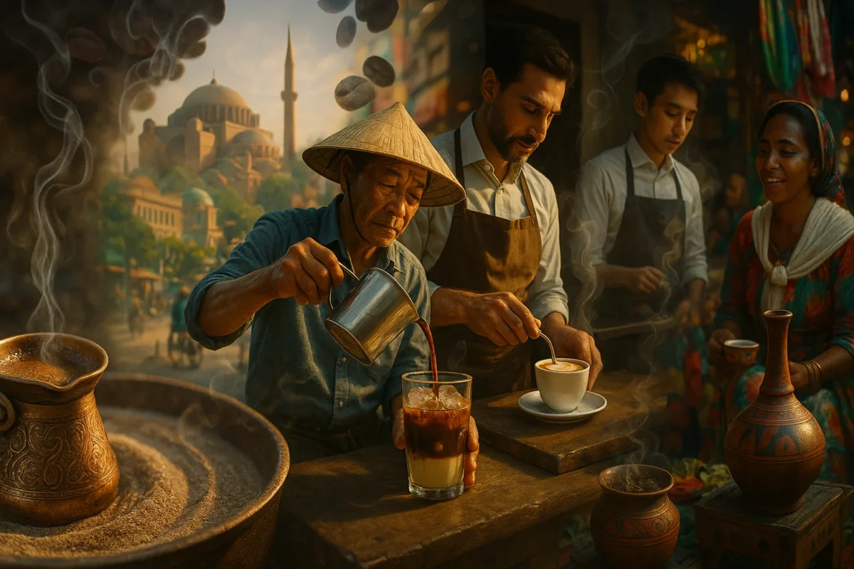 An atmospheric scene featuring coffee being brewed in a traditional setup with an ancient cityscape in the background, showing different cultures brewing coffee with passion.