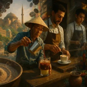 An atmospheric scene featuring coffee being brewed in a traditional setup with an ancient cityscape in the background, showing different types of coffee drinks, cultures brewing with passion.