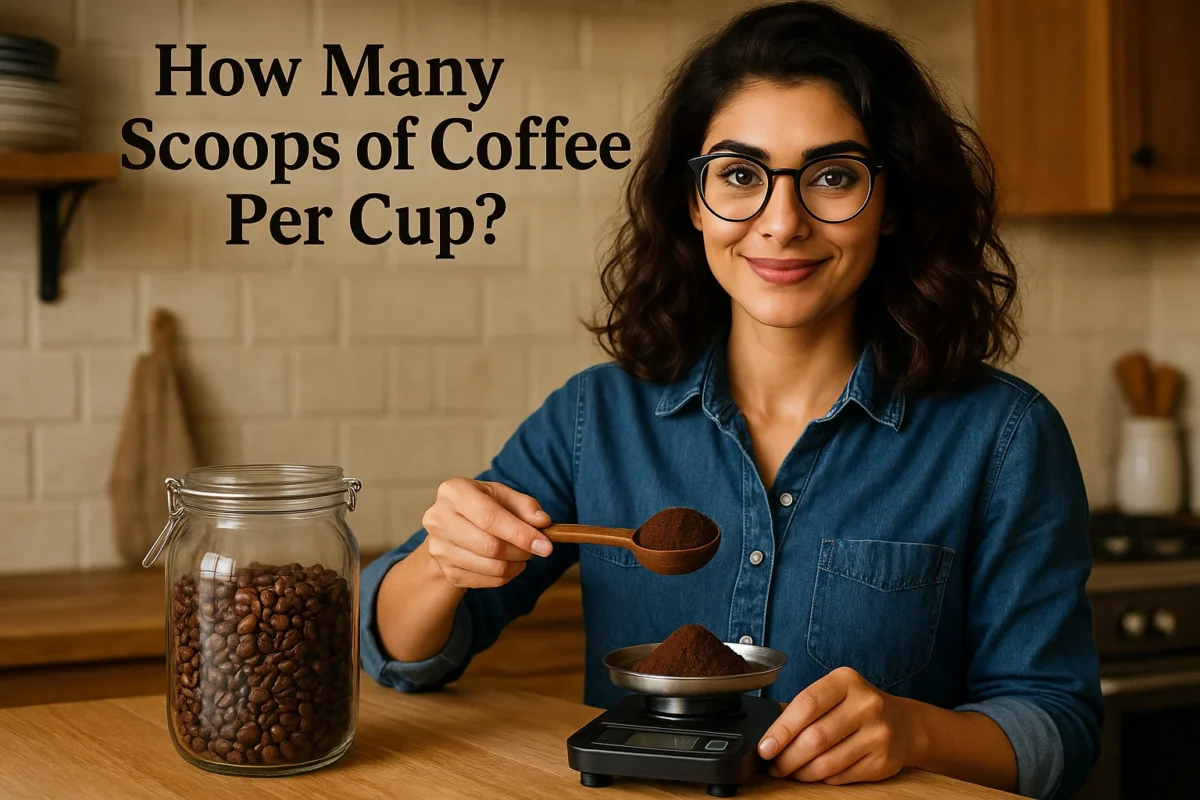 How Many Scoops of Coffee Per Cup?Expert coffee brewer and Q-Grader Expert Atika Razzaq in a cozy kitchen, carefully measuring coffee scoops. The image features a well-composed kitchen scene with a white coffee cup, coffee beans, and a kitchen scale, symbolizing precision in brewing the perfect coffee.
