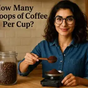 How Many Scoops of Coffee Per Cup?Expert coffee brewer and Q-Grader Expert Atika Razzaq in a cozy kitchen, carefully measuring coffee scoops. The image features a well-composed kitchen scene with a white coffee cup, coffee beans, and a kitchen scale, symbolizing precision in brewing the perfect coffee.