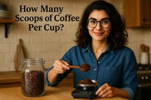 How Many Scoops of Coffee Per Cup?Expert coffee brewer and Q-Grader Expert Atika Razzaq in a cozy kitchen, carefully measuring coffee scoops. The image features a well-composed kitchen scene with a white coffee cup, coffee beans, and a kitchen scale, symbolizing precision in brewing the perfect coffee.