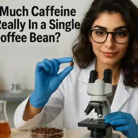 Atika Razzaq analyzing caffeine content in coffee beans under microscope - Arabica vs Robusta differences explained. How Much Caffeine Is in a Coffee Bean? 5 Key Facts to Boost Your Brew!