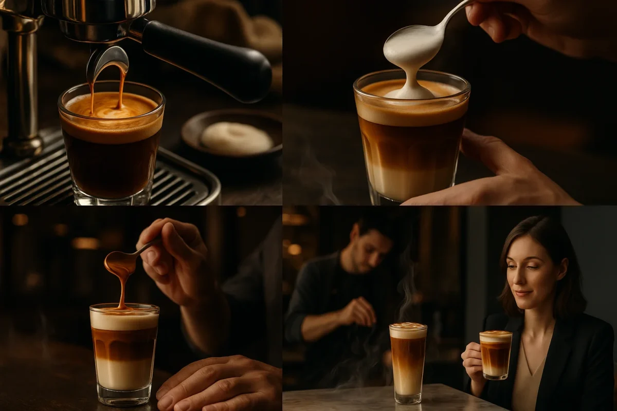 A visual exploration of macchiato, showing the delicate art of pouring milk into espresso to create beautiful layers and designs in the cup.