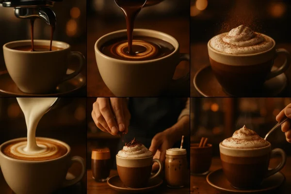 A rich and warm illustration of the indulgent experience of mocha, showcasing the beautiful contrast between dark chocolate and espresso with milk foam.