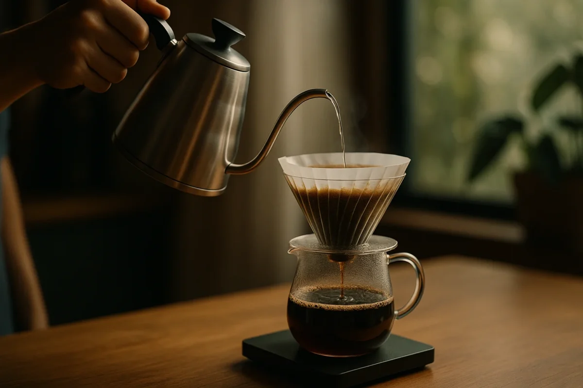 A skilled barista performing the delicate pour-over method with perfect control, showing the fine craftsmanship behind each pour.