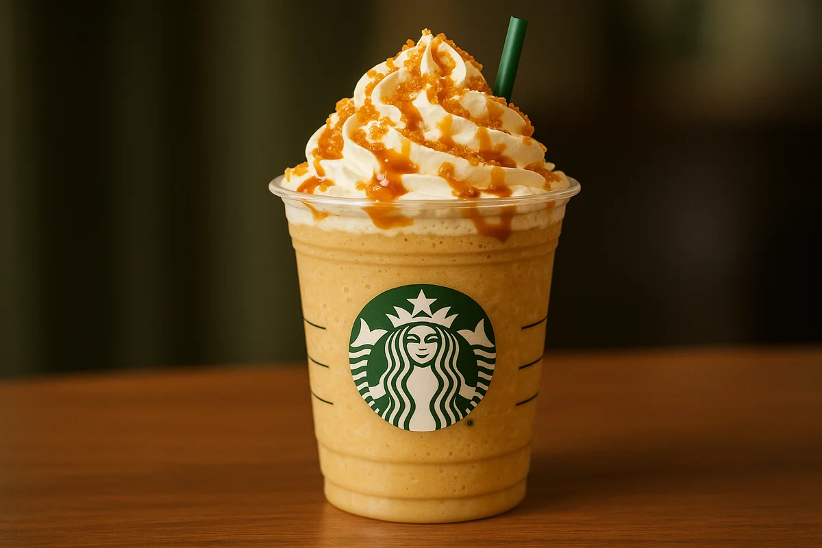 Starbucks Caramel Ribbon Crunch Crème Frappuccino, an indulgent caffeine-free drink made with caramel syrup, whipped cream, and crunchy caramel ribbons.