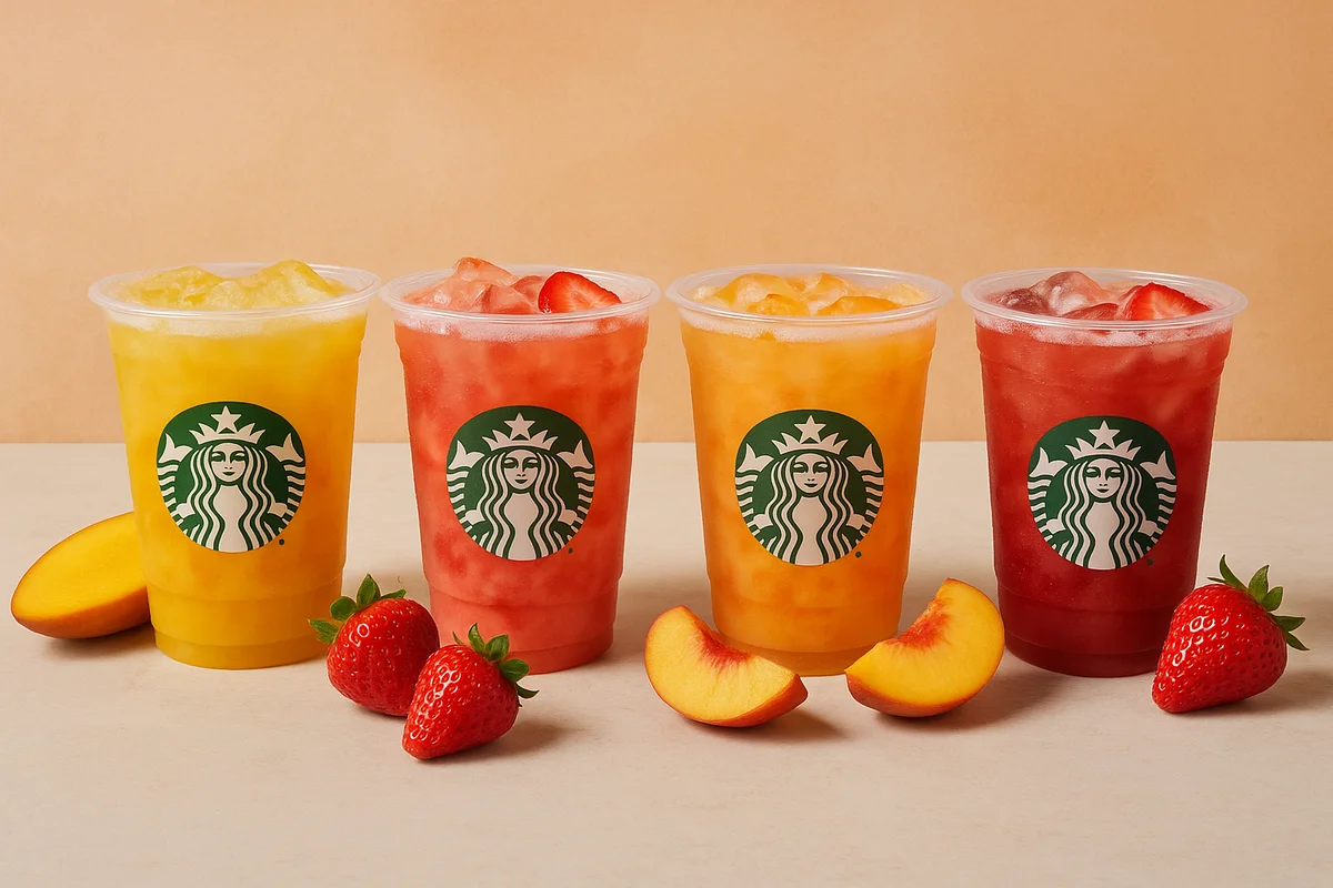 Fresh fruit additions like mango, strawberry, or peach to elevate your caffeine-free Starbucks drink with vibrant flavors.