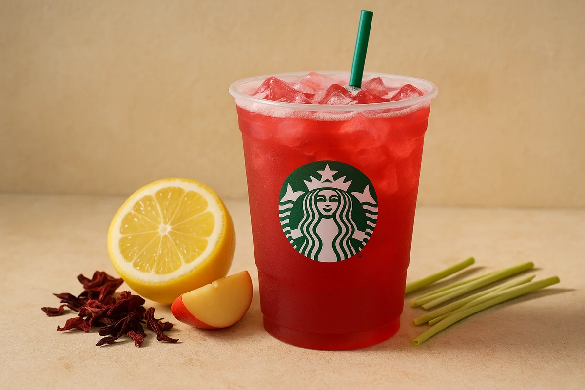 Starbucks Iced Passion Tango Tea Lemonade, a tangy and vibrant caffeine-free drink made with hibiscus, apple, and lemongrass.