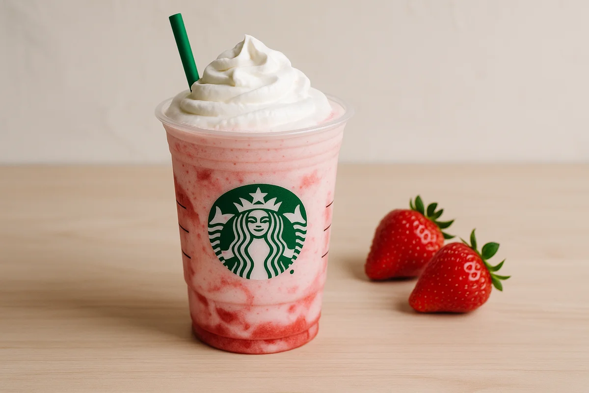 Starbucks Strawberry Crème Frappuccino, a fruity and creamy caffeine-free drink made with strawberry puree and whipped cream.