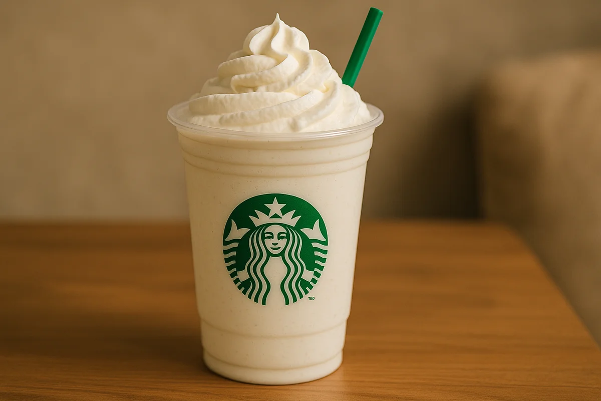 Starbucks Vanilla Bean Crème Frappuccino, a smooth blend of vanilla bean powder, milk, and ice, caffeine-free and perfect for a creamy treat.