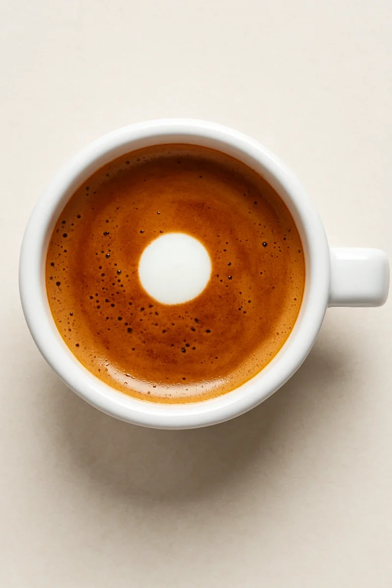 Top-down view of a classic espresso macchiato in a white demitasse cup, featuring a rich crema with a small white foam dot in the center on a neutral background.