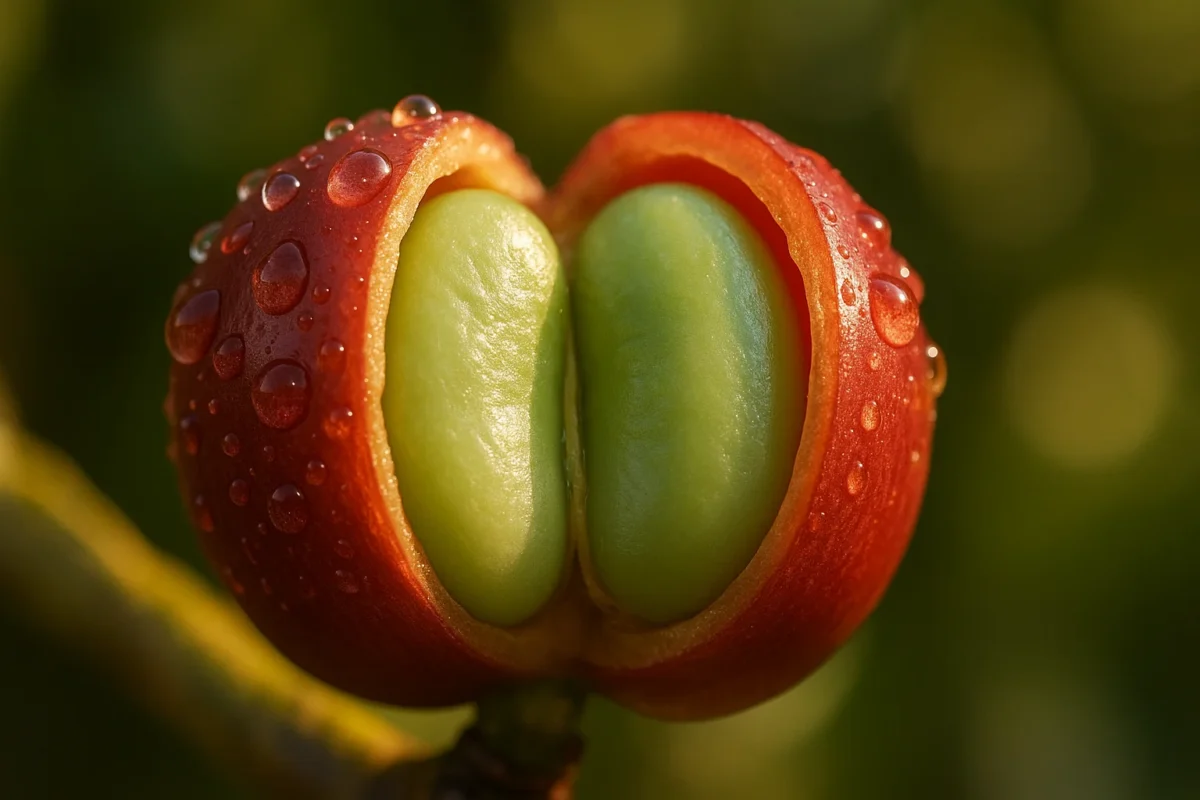Close-up of coffee cherry split open showing two green coffee beans inside