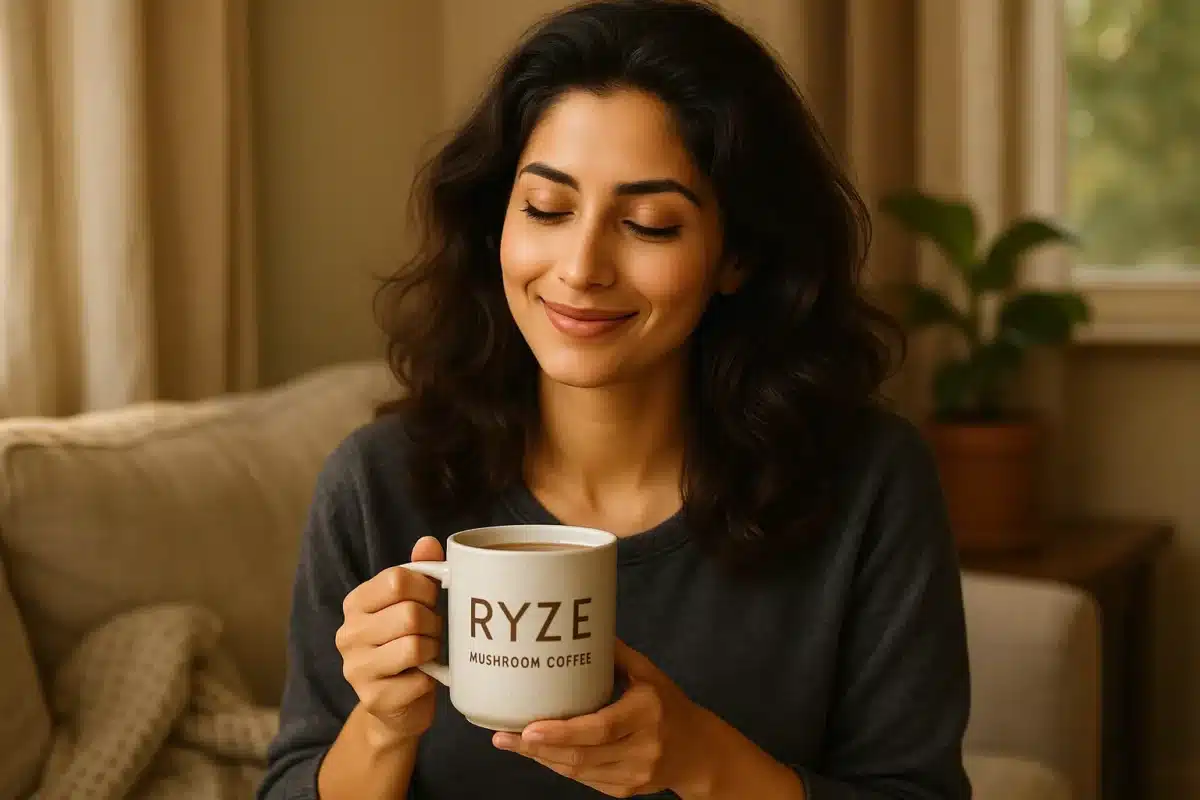 Atika Razzaq Q-Grader Expert enjoying a warm cup of Ryze Mushroom Coffee in a calm and cozy setting.