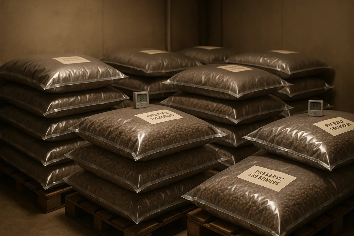 Bulk coffee bags stored in warehouse with hygrometers, vacuum-sealed bags for long-term freshness and preservation.