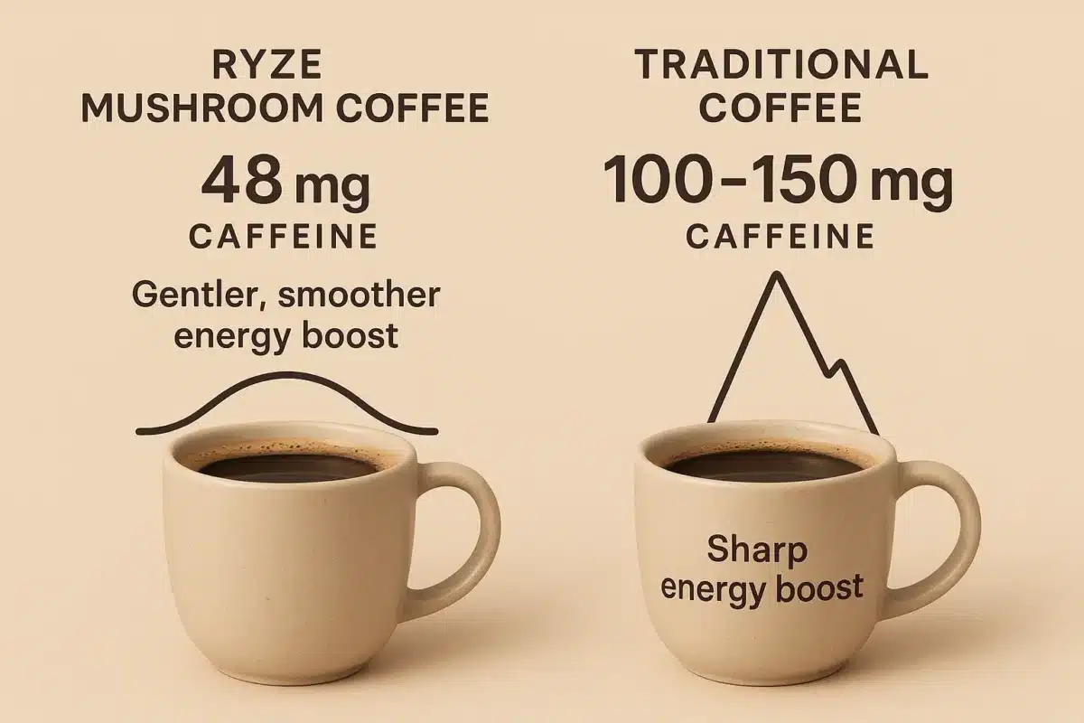 Infographic comparing caffeine content in Ryze Mushroom Coffee vs traditional coffee for smoother energy.