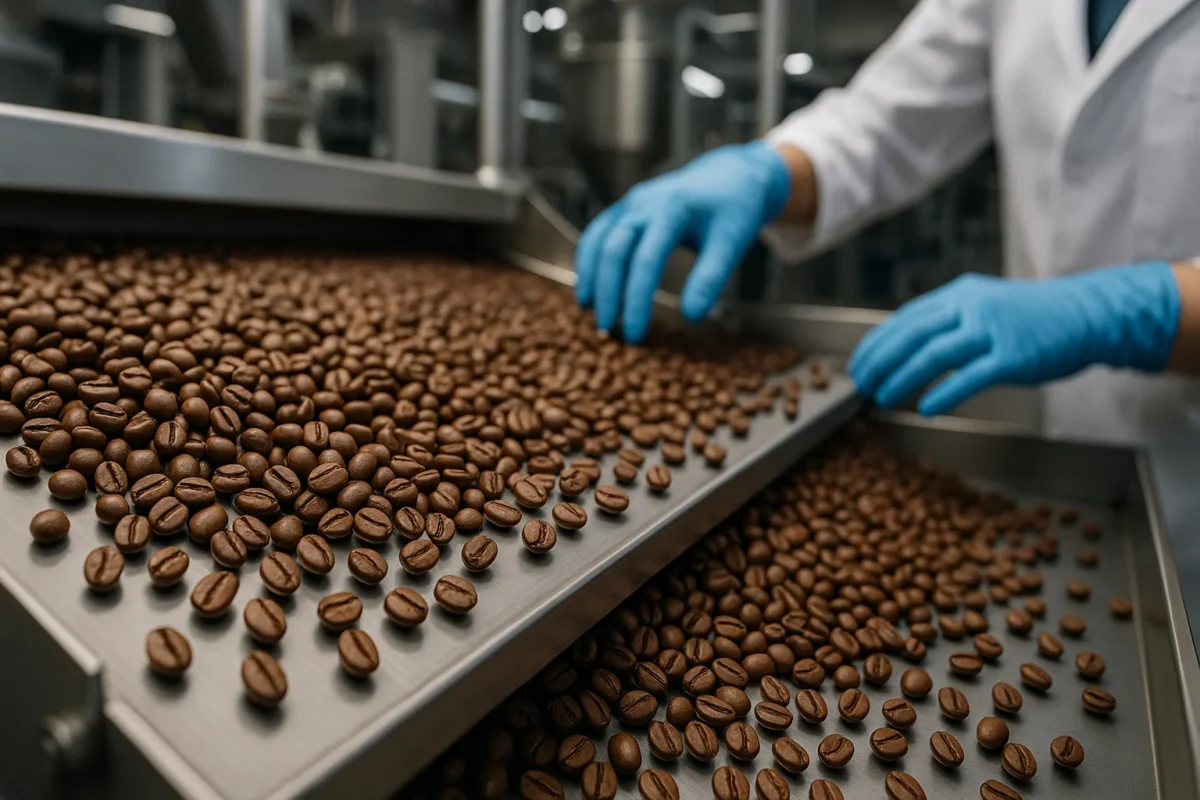 Coffee beans being sorted and quality-checked on conveyor belt in processing plant