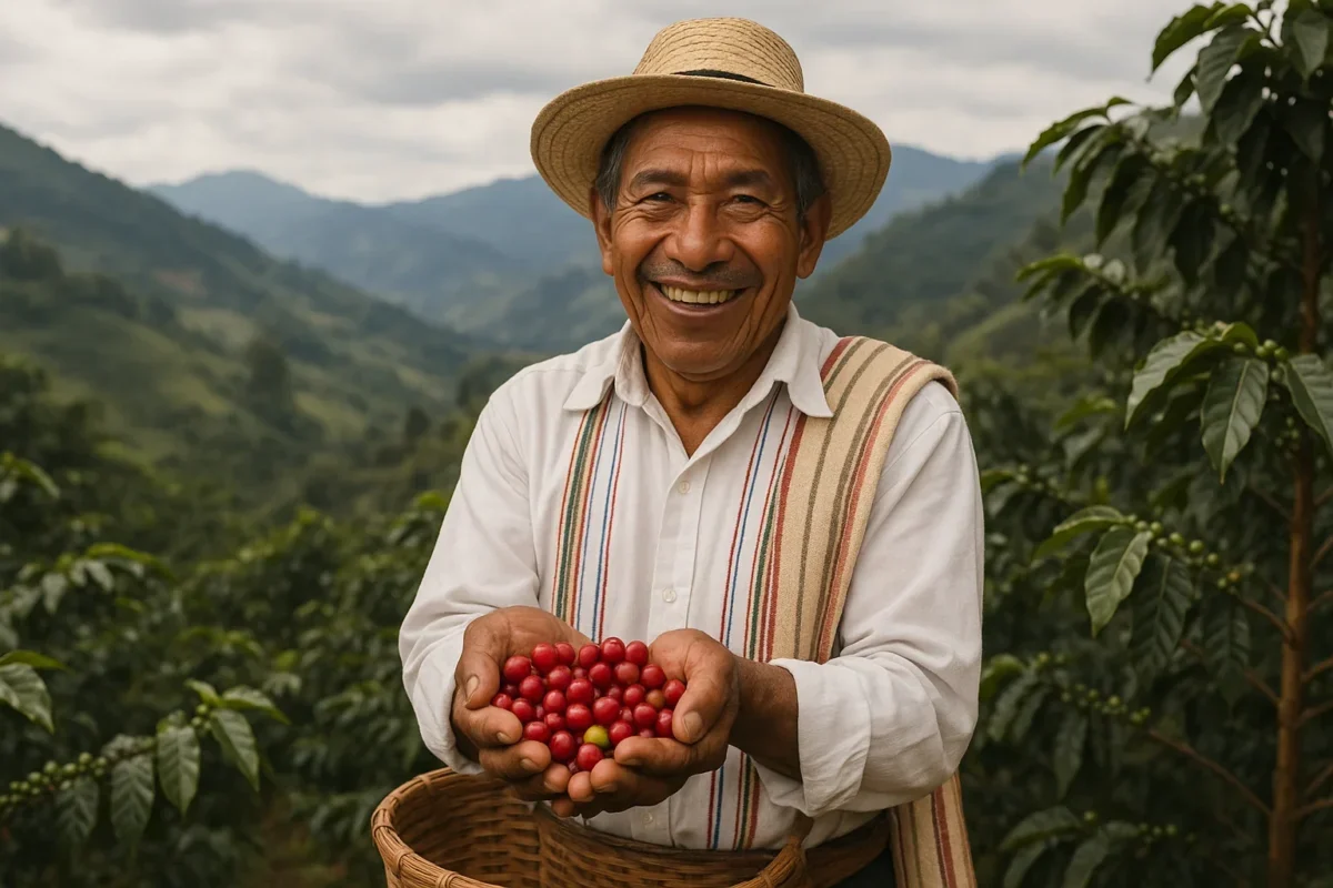 Smiling coffee farmer holding freshly picked coffee cherries on mountainous farm