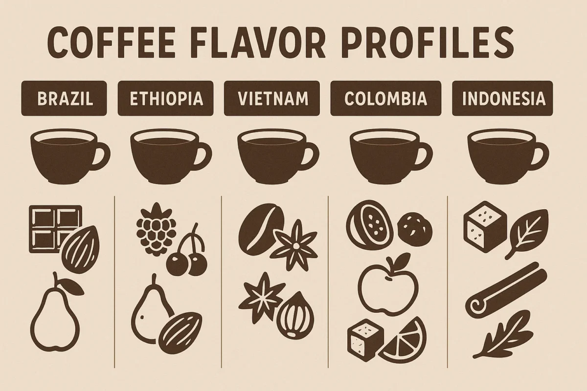 Infographic comparing flavor profiles of coffee beans from Brazil, Ethiopia, Vietnam, Colombia, Indonesia