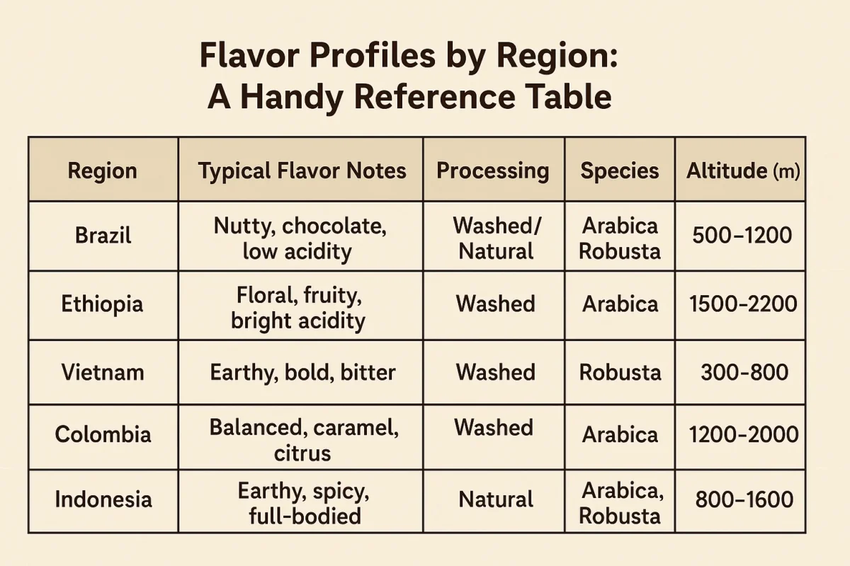 Detailed coffee flavor profiles chart comparing Arabica and Robusta beans, illustrating common taste notes such as fruity, floral, chocolate, nutty for Arabica, and earthy, woody, and bitter flavors for Robusta coffee beans.