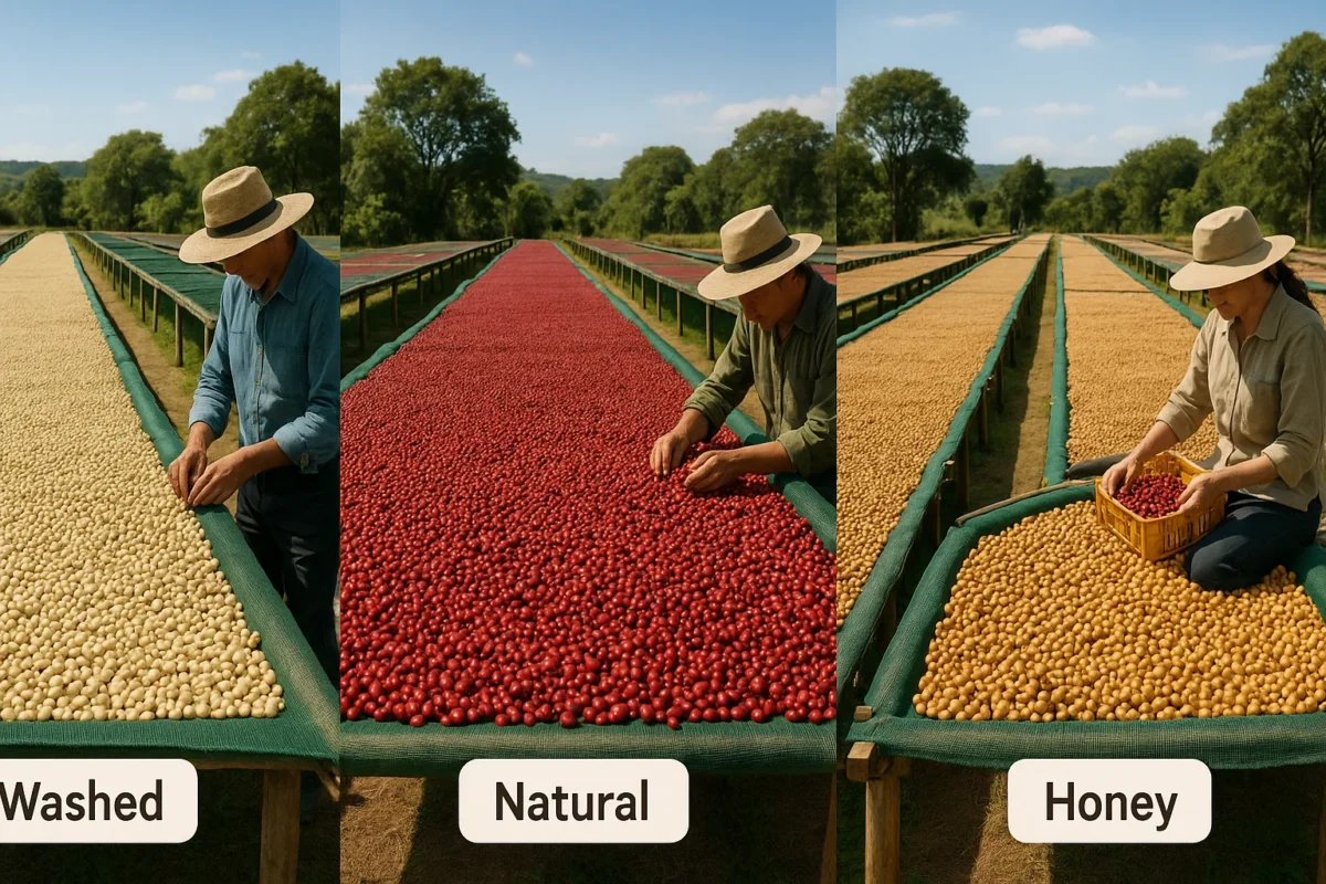 Coffee cherry processing methods including washed, natural, and honey drying on raised beds