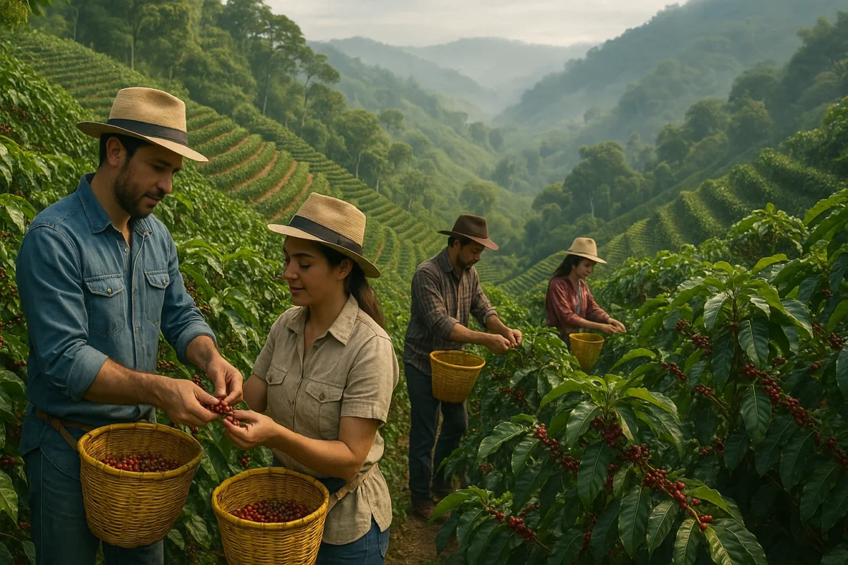 Colombian coffee farmers handpicking ripe cherries on terraced plantation with morning mist