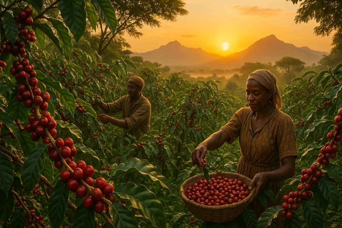 Ethiopian coffee farm with ripe red coffee cherries being handpicked at sunrise