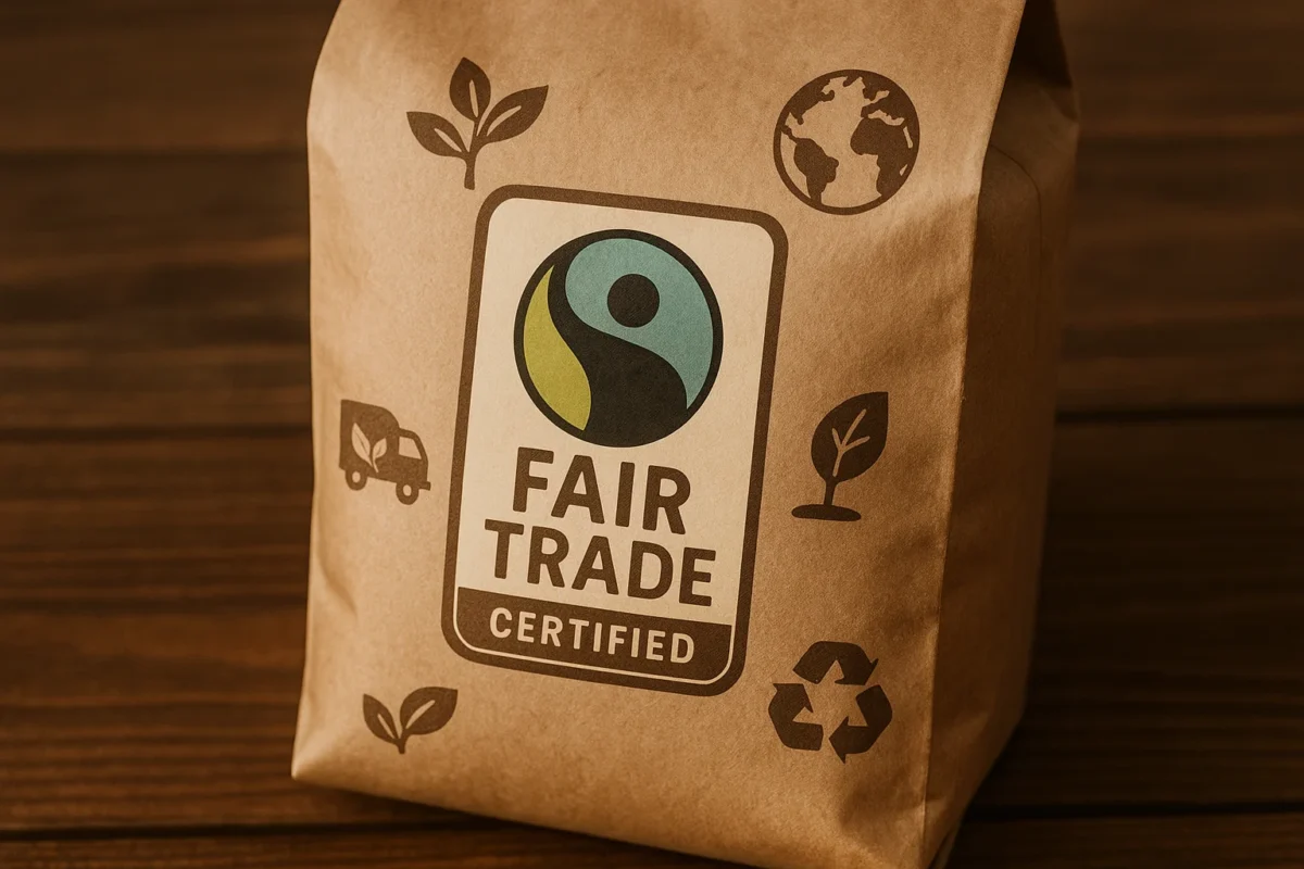 Fair Trade certified coffee label on eco-friendly coffee bag symbolizing ethical sourcing