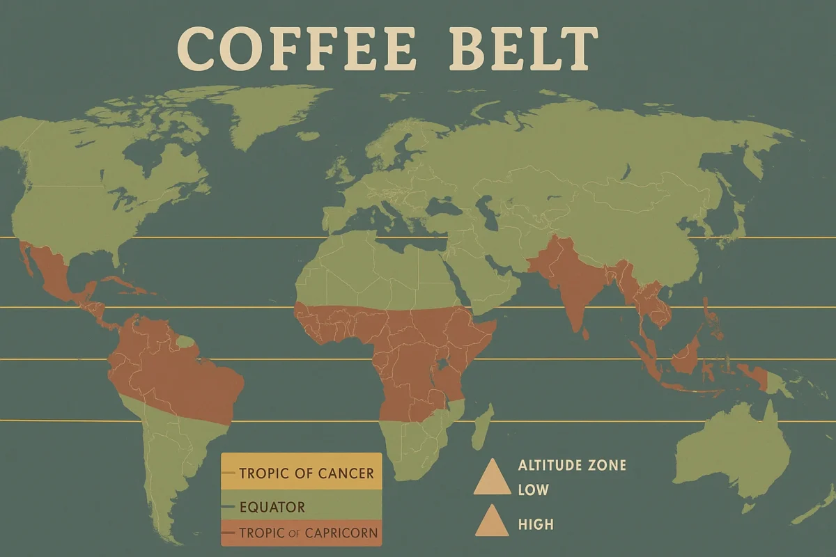 Global coffee belt map showing major coffee-growing regions, altitude, and climate zones