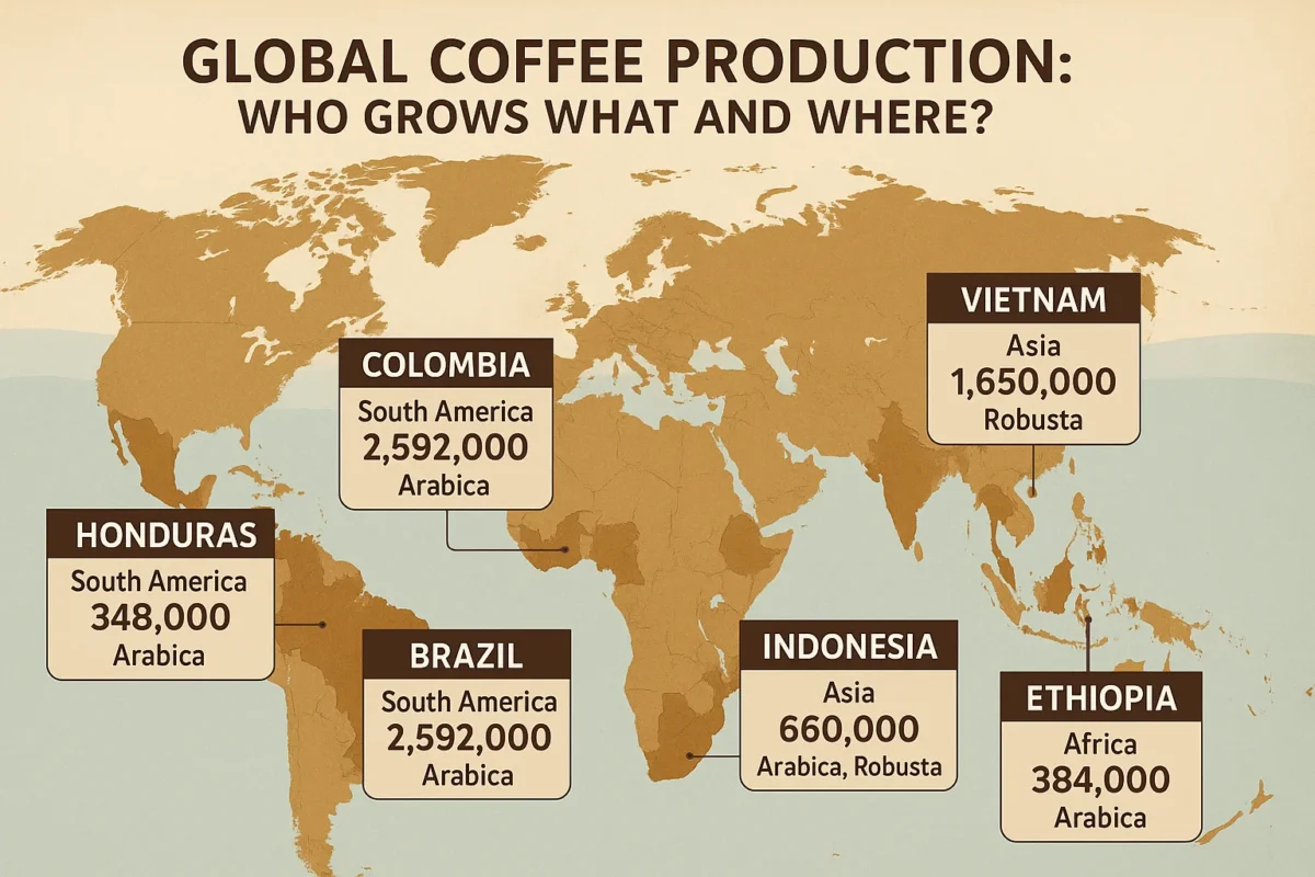 World map showing major coffee-producing countries within the coffee belt including Brazil, Vietnam, Colombia, Ethiopia, Indonesia, and others, highlighting global coffee production distribution and key coffee growing regions.