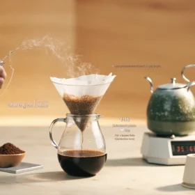 Step-by-step visual guide showing how much coffee for pour-over using the 1:16 golden ratio, with Hario V60, scale, and gooseneck kettle