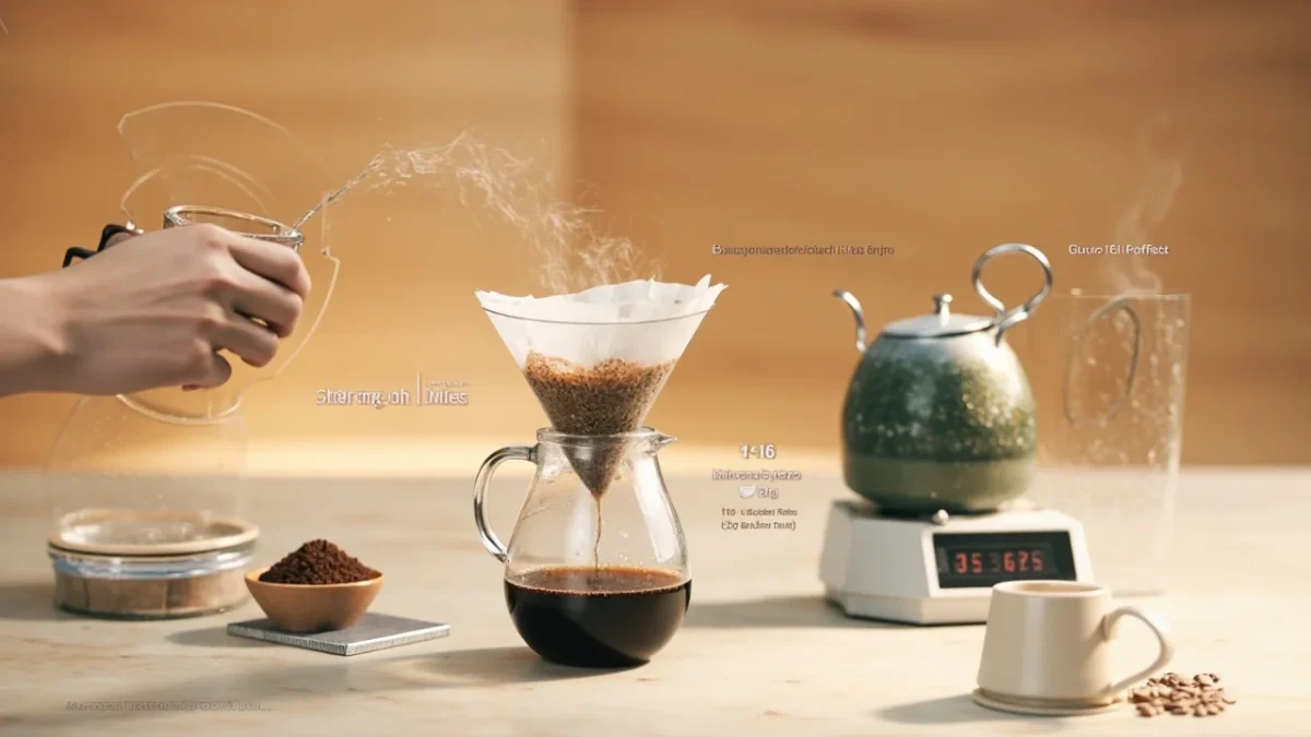 Step-by-step visual guide showing how much coffee for pour-over using the 1:16 golden ratio, with Hario V60, scale, and gooseneck kettle