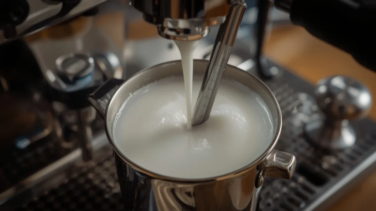 Close-up of milk frothing in a pitcher with a steam wand, showing swirl technique for perfect microfoam.